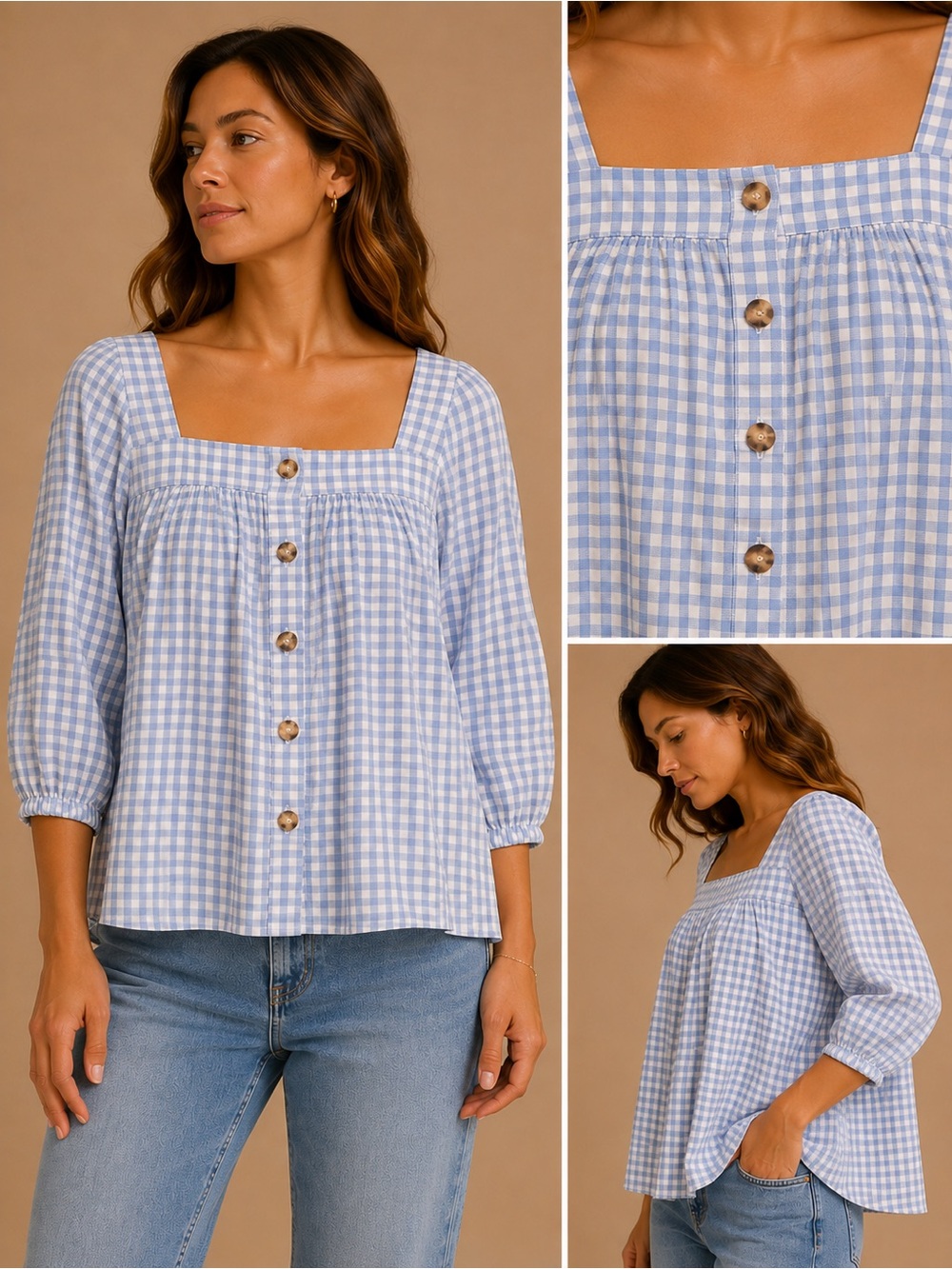 Sunny Leigh Gingham Button Detail Peasant Blouse Blue Size Large